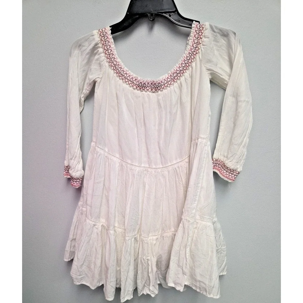 FREE PEOPLE XS Boho White Embroidered Mini Dress Smocked Off Shoulder Sunbeams - Picture 7 of 11